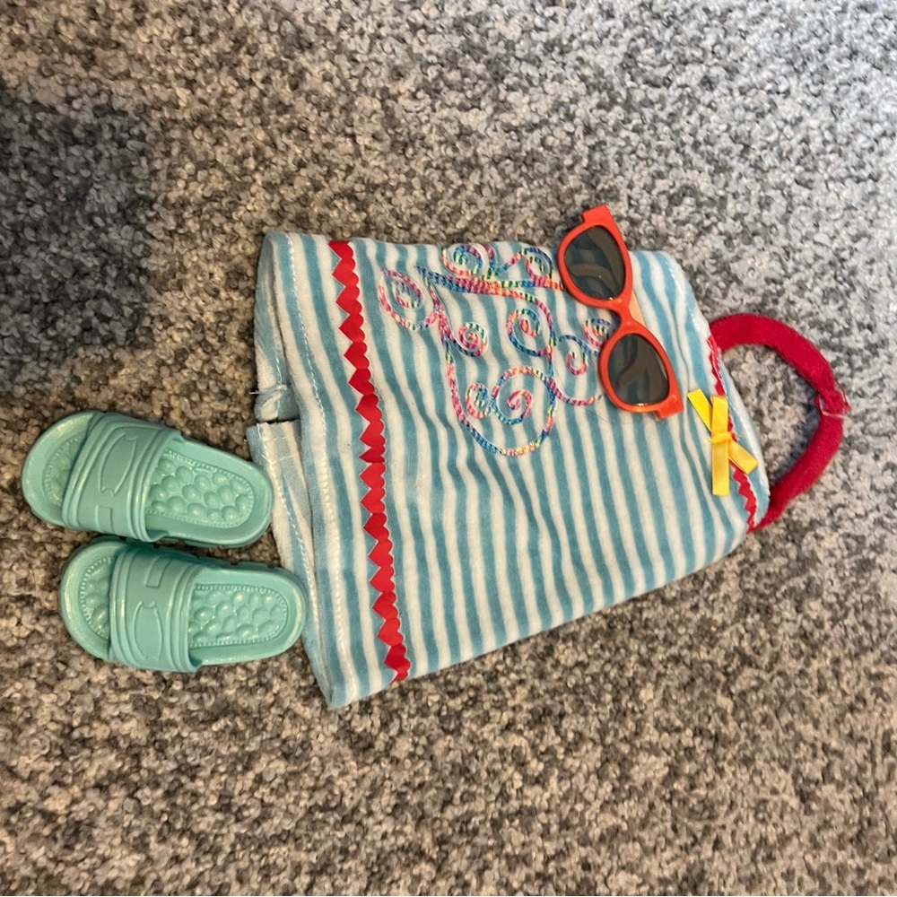 It's Our Time Blue Striped Tote with Red Handle and Accessories